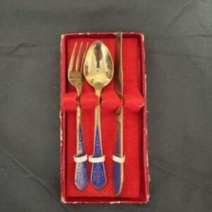 Vintage Tommy's Gems Fork, Knife and Spoon Set with Blue Handle